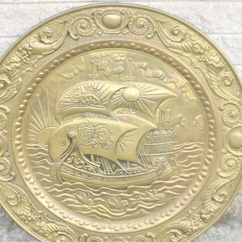 22" DETAILED Solid BRASS TRAY Round Tray Serving Tray Decorative Tray Horoscope